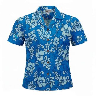 chemise hawaiienne aloha tropic femme woman hibiscus blue hawaii import