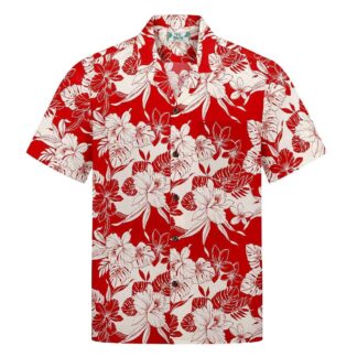 chemise hawaiienne two palms monstera orchid red hawaii import