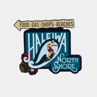 Panneau Haleiwa, North Shore, avec surfeur.