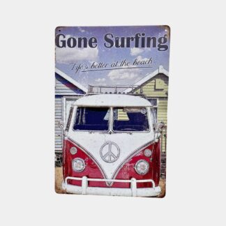 PLAQUE METAL DECORATIVE SURFING CAMPER